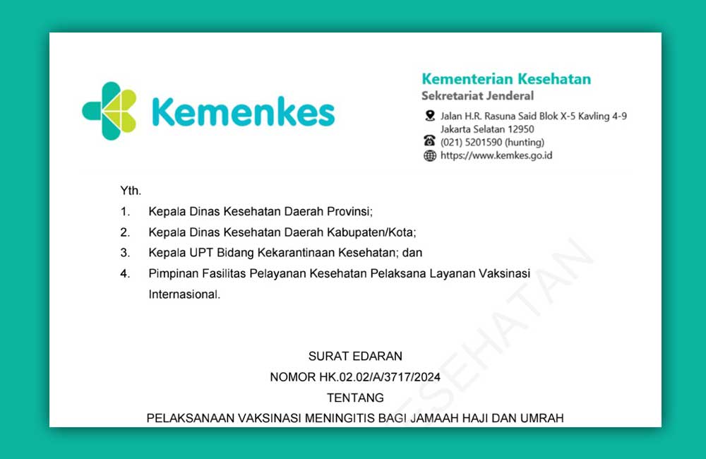 Read more about the article Surat Edaran Pelaksanaan Vaksinasi Meningitis bagi Jamaah Haji dan Umroh